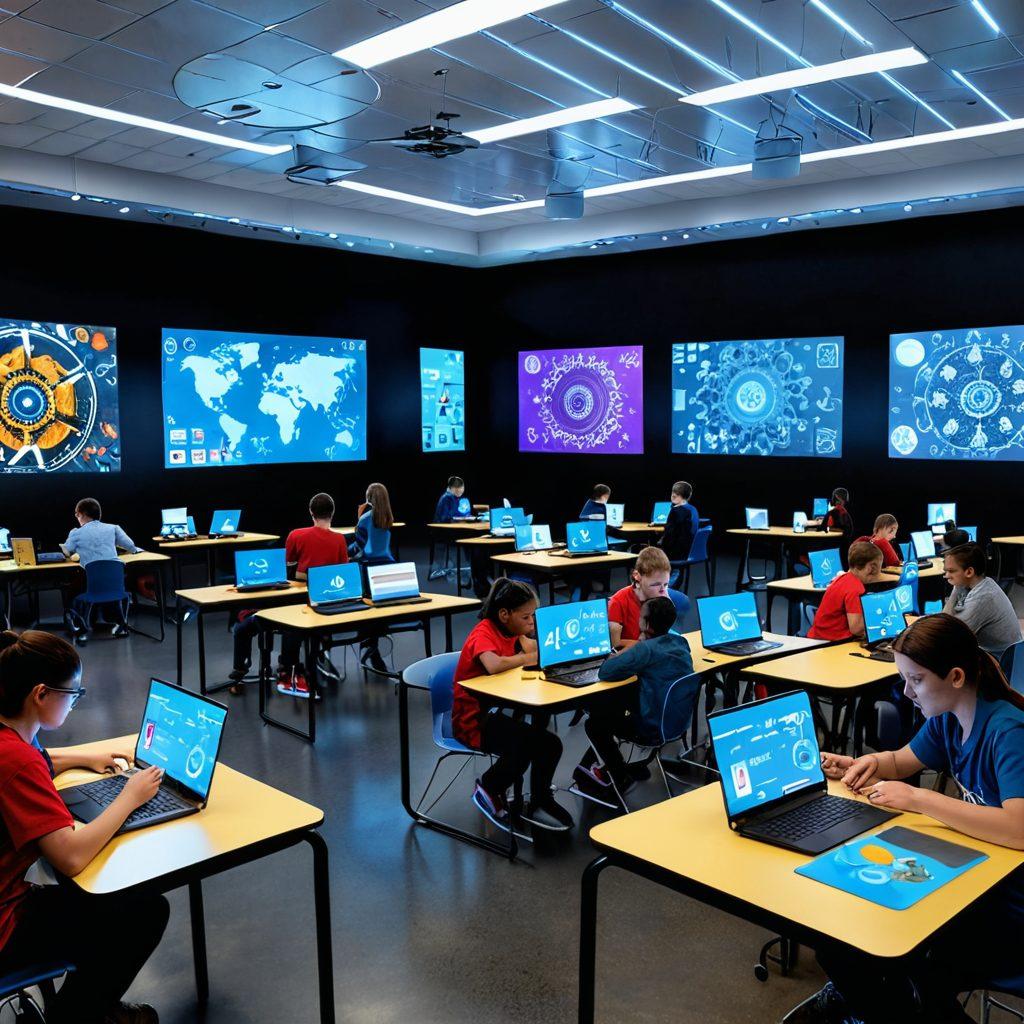 A futuristic classroom filled with diverse students engaged with holographic learning displays, interactive screens, and virtual reality headsets. Show vibrant colors, emphasizing enthusiasm and curiosity. The teacher, appearing as a hologram, guides them through the digital landscape of e-learning. Include symbols of innovation like gears and light bulbs surrounding the students. super-realistic. vibrant colors. 3D.
