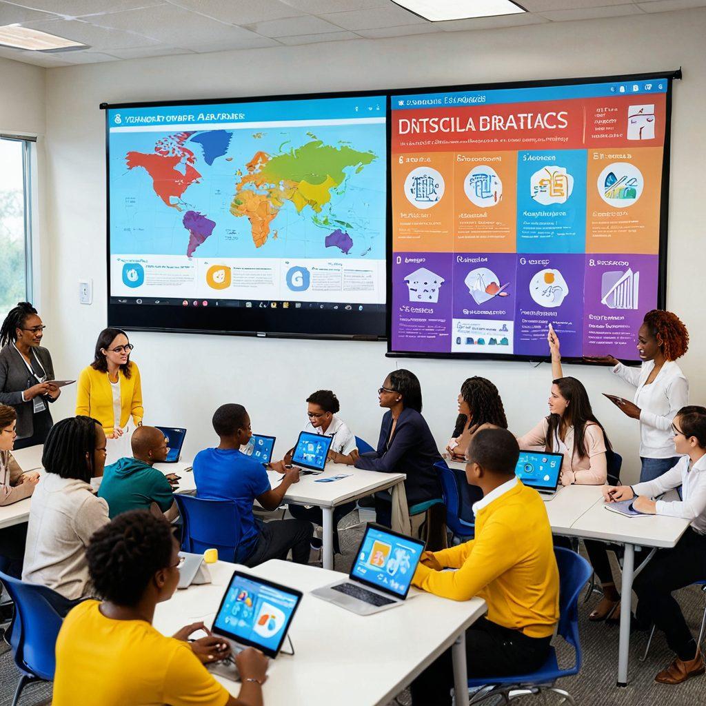 A diverse group of educators collaborating around a large digital screen displaying curriculum resources and engaging technology tools. Include modern classroom elements like tablets, laptops, and vibrant educational graphics in the background. Emphasize a supportive and inspiring atmosphere with colorful charts and infographics floating around. The educators should reflect a variety of backgrounds and teaching styles. super-realistic. vibrant colors. white background.