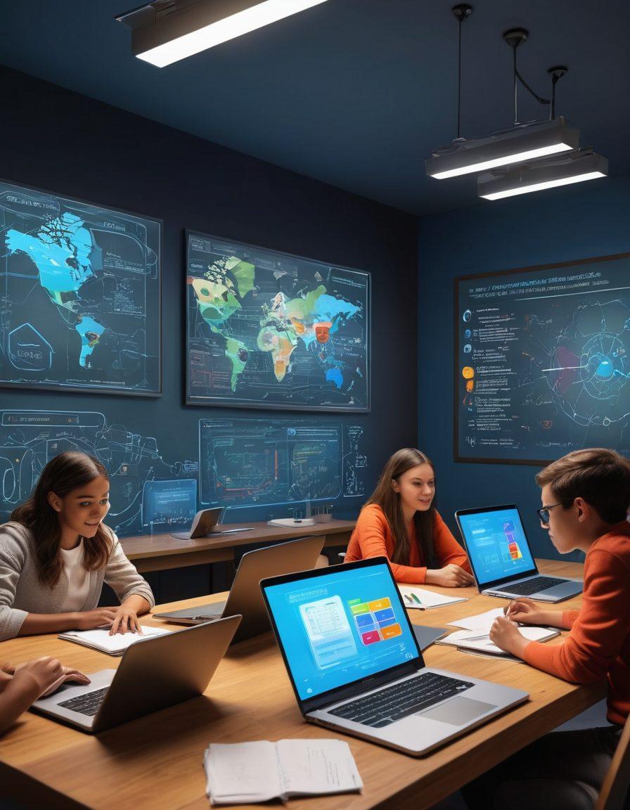 A vibrant virtual classroom filled with diverse students of different backgrounds actively engaging with each other through laptops and tablets. A colorful digital blackboard displays interactive tools and educational resources. The atmosphere is lively and collaborative, embodying the essence of knowledge sharing. Incorporate elements like speech bubbles and charts to represent discussion and learning. super-realistic. vibrant colors. 3D.